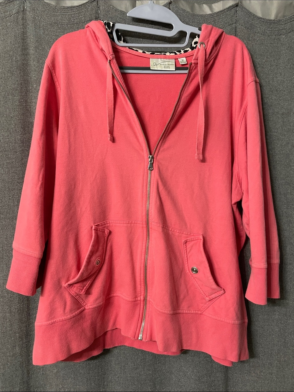 Studio Works Coral Zip-Front Hoodie with Leopard-Print Hood